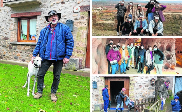 A la izquierda, José Joaquín Sanz, dueño de la casa rural Villa Liquidámbar, en Torrecilla. A la derecha, de arriba a abajo, un grupo de turistas visita con la aplicación de realidad virtual el castillo de San Vicente; visitantes en las cuevas de los cien Pilares, en Arnedo; y varios amigos salen de la casa rural en Torrecilla para dar una vuelta por el entorno con los más pequeños.