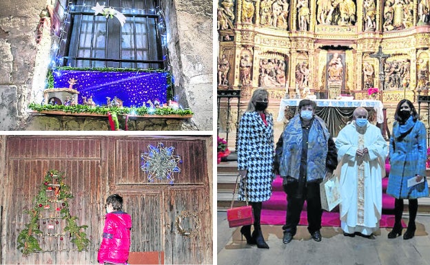 Arriba, el tercer premio de Soledad Uriarte; abajo unos niños miran la obra acreedora del segundo premio, cuya autora es Zorione Uribarren. A la derecha, las ganadoras, en la iglesia parroquial tras la entrega de premios. 