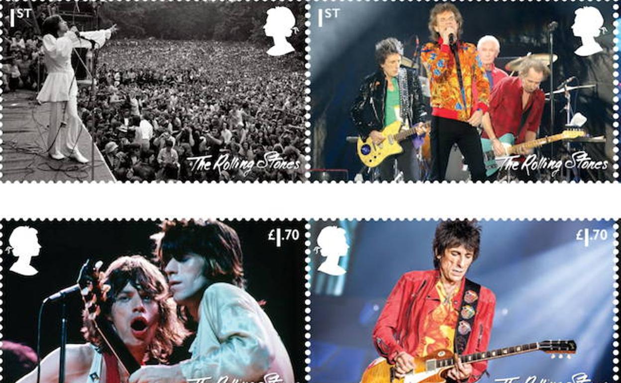 Sellos de la empresa británica de correos Royal Mail dedicados a los 60 años de los Rolling Stones.