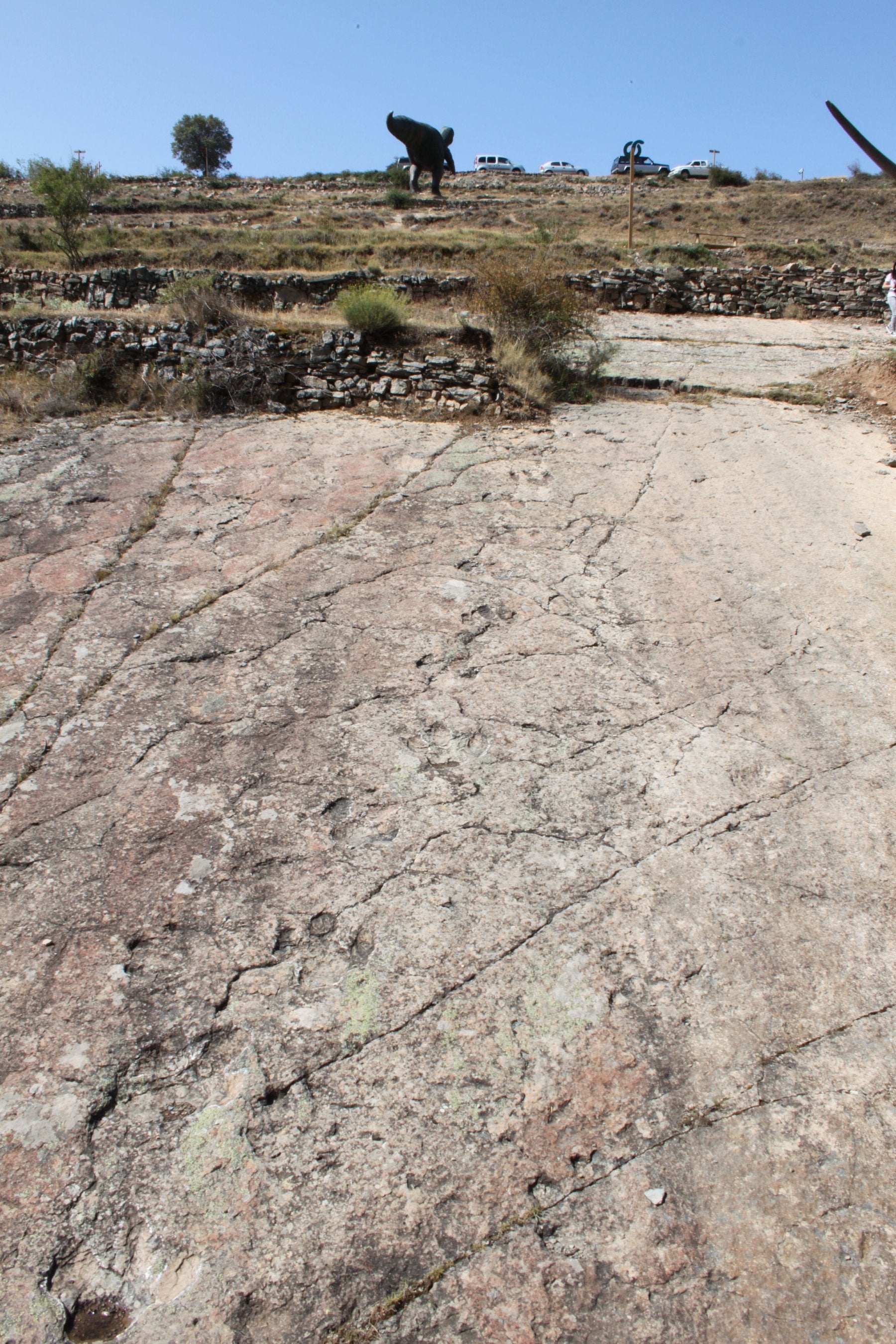 Rastros y réplica de un dinosaurio en el yacimiento de la Canal de Munilla. 