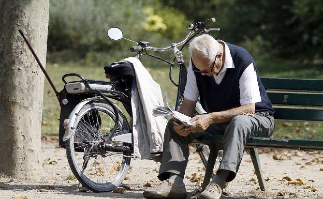 Un jubilado lee el periódico en un parque. 