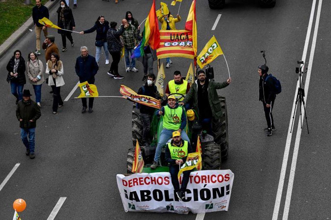 A bordo de 45 tractores, de varias carretas, de burros o a caballo, rodeados de gallinas, vacas u ovejas y tras el lema 'El Mundo Rural despierta' las consignas, gritos y pancartas son tan variadas como los colectivos que participan en esta marcha histórica.