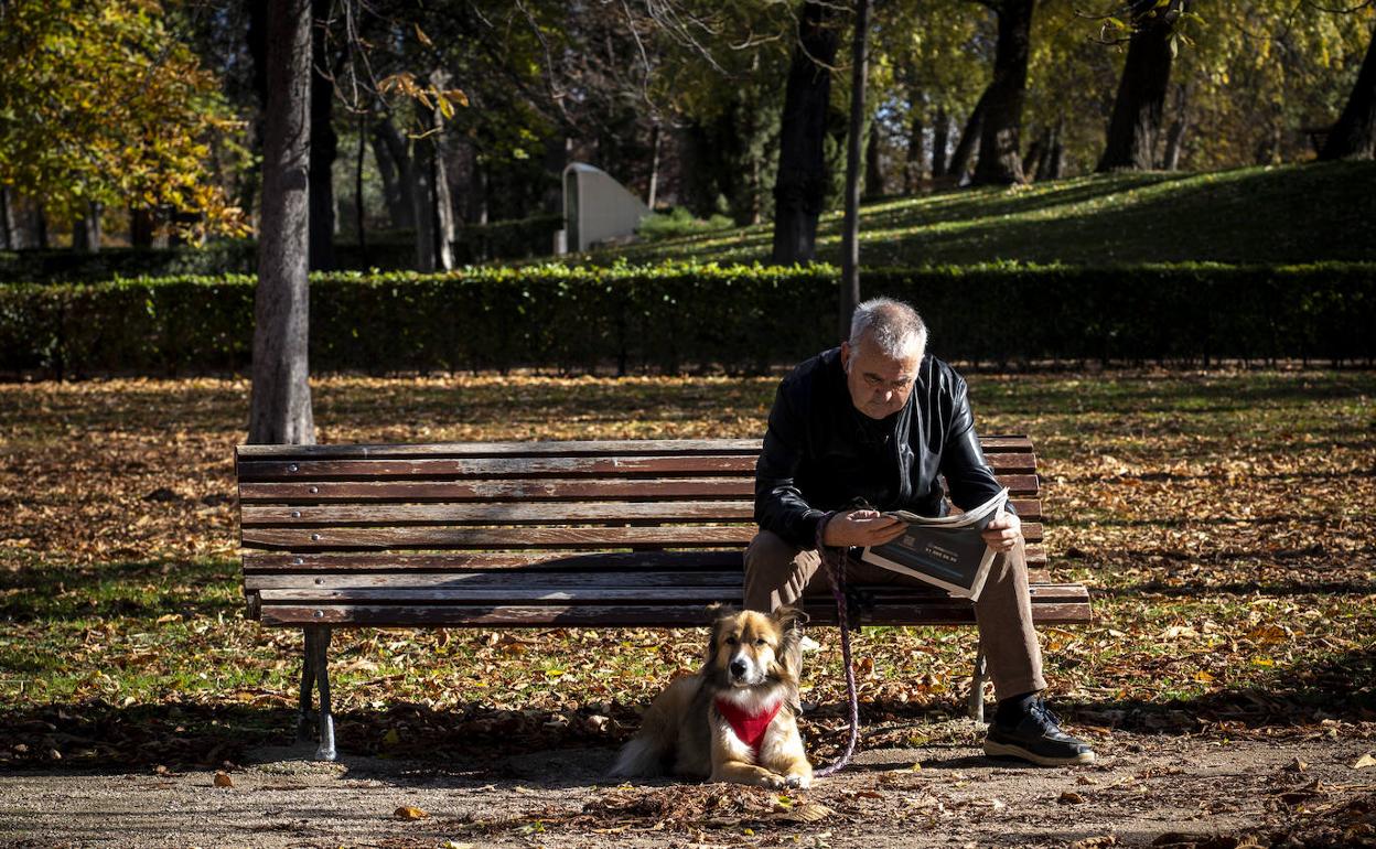 Un hombre lee el periódico en un parque junto a su perro. 