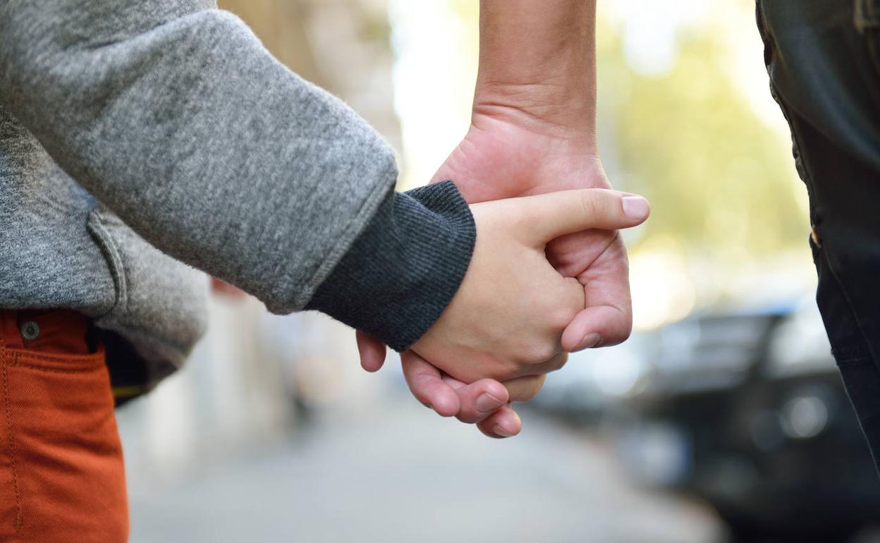 Un niño camina de la mano de un adulto. 