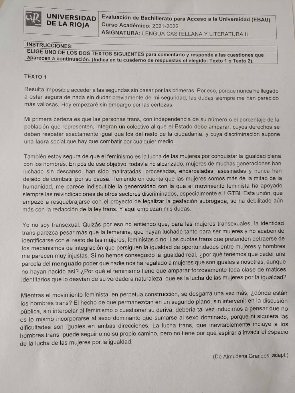 Imagen - Texto de Almudena Grandes del examen de Lengua y Literatura de la EBAU.