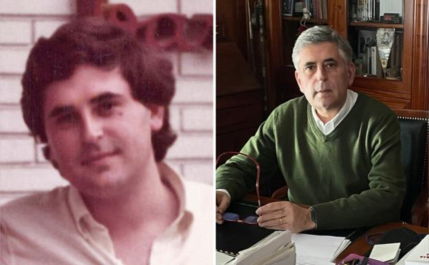 Oteo, en 1982, y hoy en su despacho.