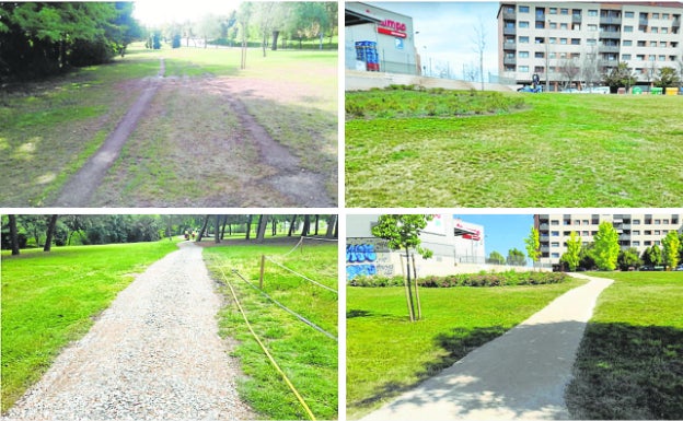 Antes y después. A la izquierda, parque de La Isla. 180 metros de terrizo de arena gris (en la imagen de abajo, foto durante el proceso de obras). A la derecha, El Arco-Alcampo. 52 metros más habilitados en torno al súper como sendero de terrizo de arena amarilla.