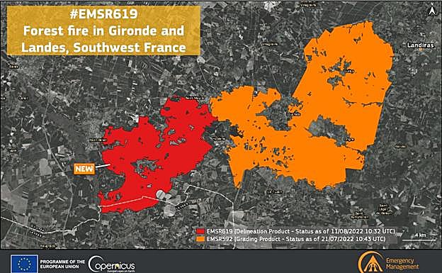 En rojo, el área quemada por el actual incendio. En naranja, la del fuego de julio. Son imágenes del satélite Copernicus captadas este miércoles. 