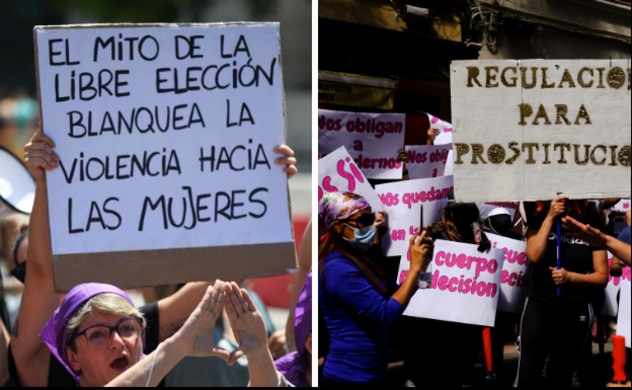 Feministas en apoyo a la ley abolicionista y una manifestación a favor de la prostitución en Madrid. 