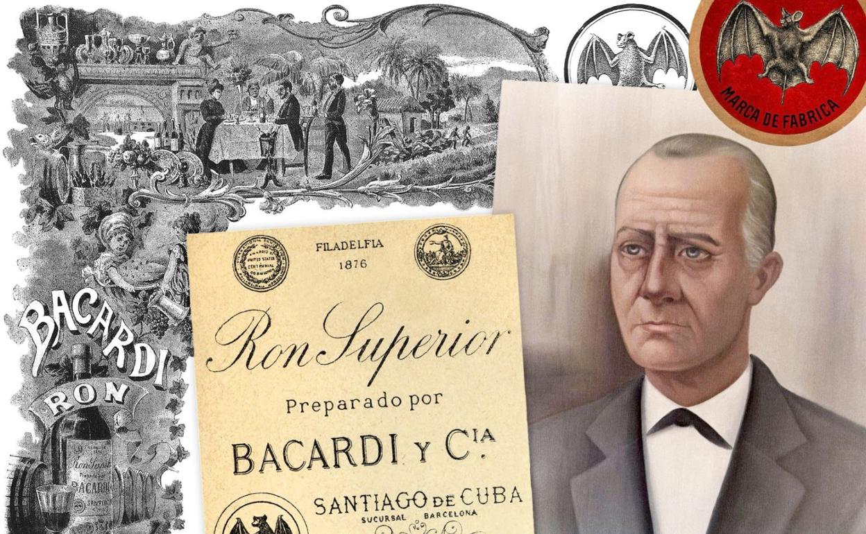 Retrato de don Facundo Bacardí rodeado de antiguas etiquetas y anuncios de su marca.