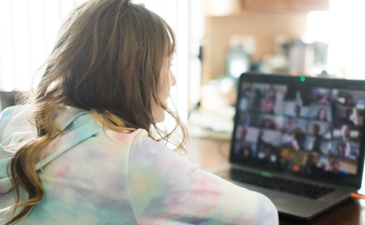 Una joven consulta su ordenador portátil. 
