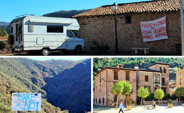 Arriba, pancarta contra el parque natural a la entrada de Mansilla. Abajo, pintada en la LR-113 y, a la derecha, travesía de la LR-133 en Viniegra de Abajo. 