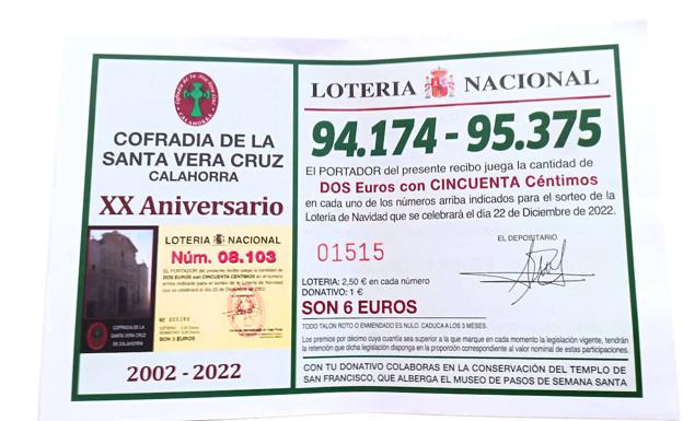 Lotería del aniversario. Participación de lotería que ha sacado a la venta la Vera Cruz recordando el 20 aniversario del Gordo de 2002. 