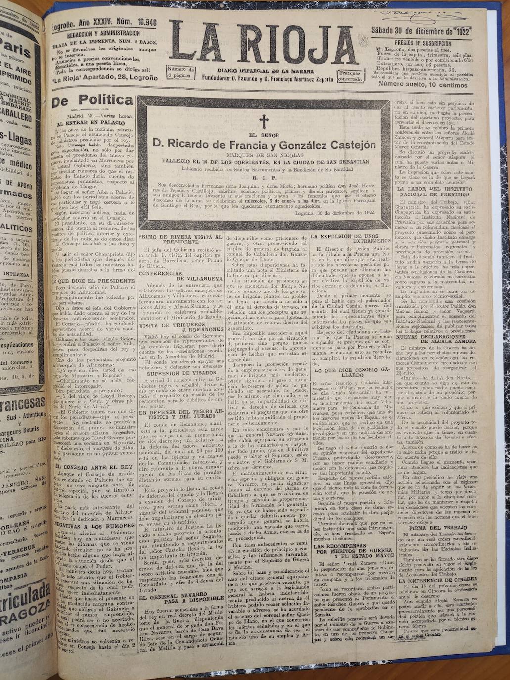 Imagen - 30 de diciembre de 1922: El Marqués de San Nicolás acababa de morir en San Sebastián. Su esquela protagoniza la portada.