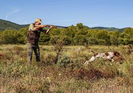 Un cazador y su perro, en un coto riojano.