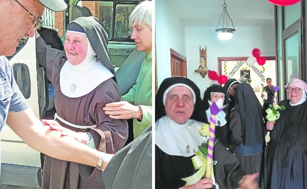 A la izquierda, una hermana, sonriente al llegar a Arnedo. A la derecha, religiosas del convento riojano.