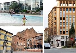 Complejo de La Planilla, fachada de la estación de Logroño y Ayuntamiento de Quel.