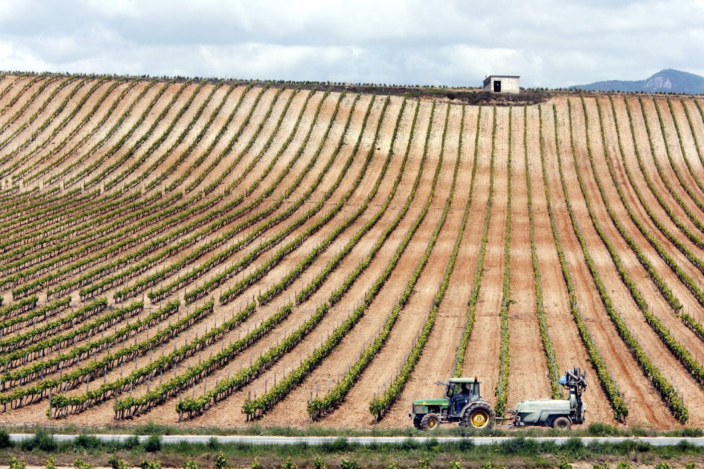 Un tractor preparado para sulfatar en un viñedo de La Rioja Alta.