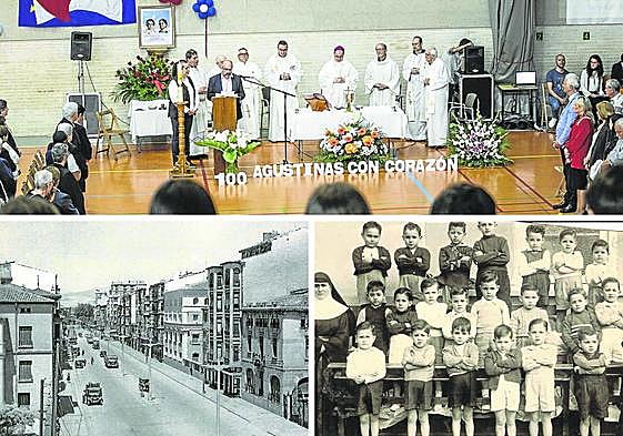 Arriba, momento previo a la eucaristía de celebración con el director en plena intervención. Abajo, antigua Vara de Rey, con el viejo colegio en el centro y niños de la clase de párvulos de 1952 posan junto a dos hermanas.