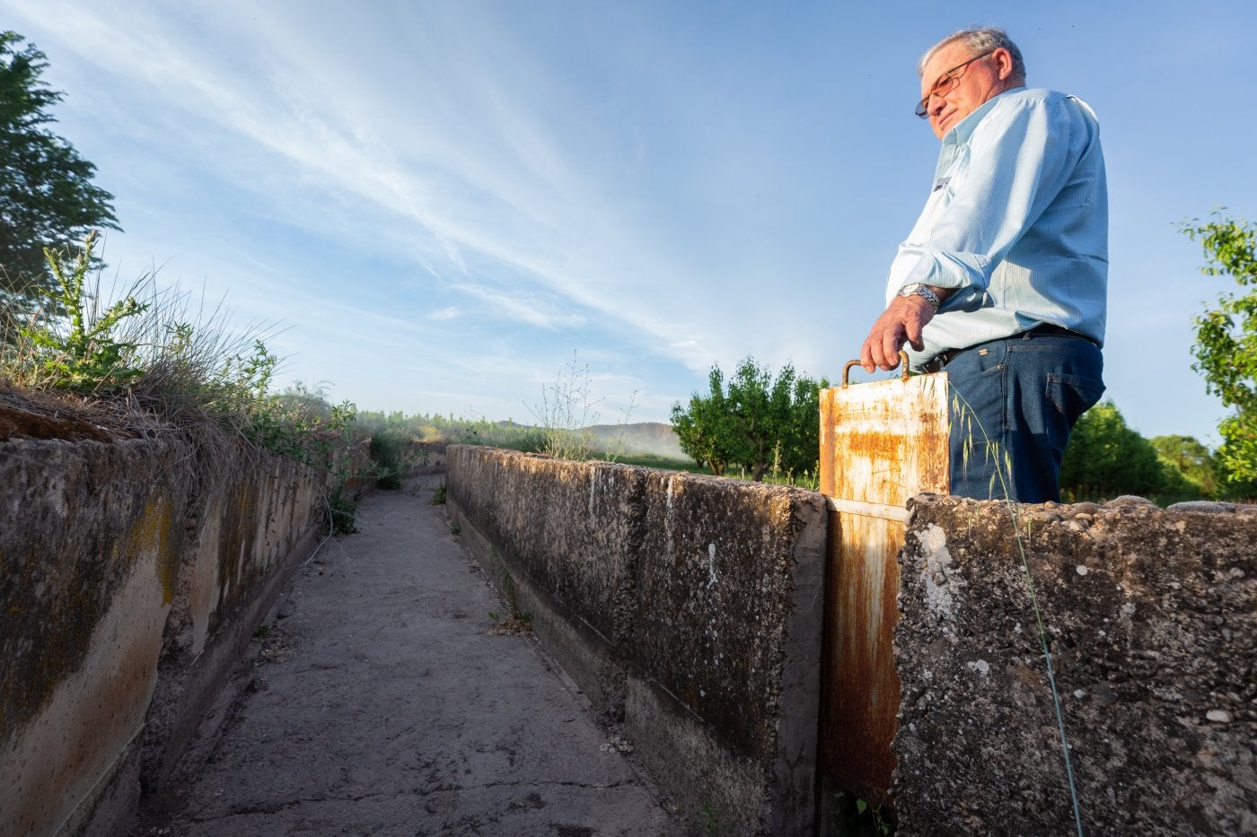 José María Daroca observa una acequia de riego del río Antiguo (Entrena) seca junto a uno de sus perales.