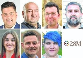 Arriba: Salaverri (PP), Sáenz (PSOE), Arza (Por La Rioja) e Iruzubieta (Nájera Capital del Reino). Abajo: Eguileor (IU-Podemos), Díez (PR+ E) y Planchuelo (Vox).