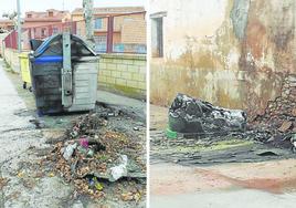 Contenedores con la basura quemada y otro completamente calcinado.