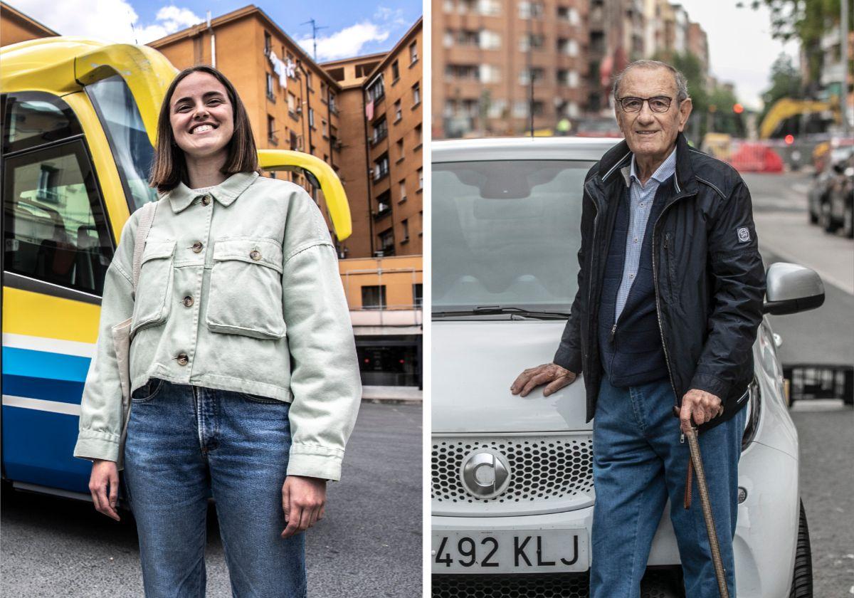 Elena Eguizábal, junto a uno de los autobuses que suele coger para desplazarse a otras ciudades y Miguel Ángel Ruiz, que tiene limitada a sus 90 años la conducción a 50 kilómetros de distancia.