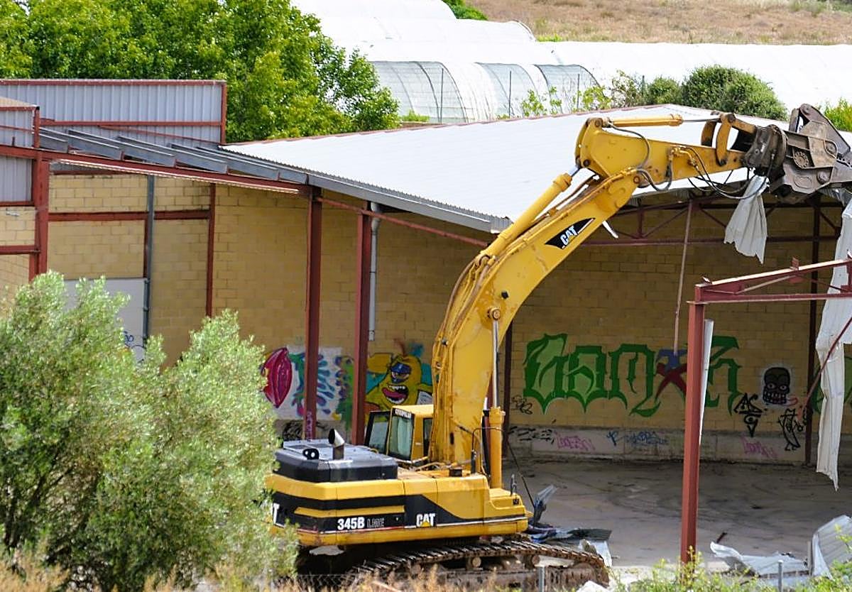 Una máquina retiraba la estructura de la cubierta de una de las naves traseras de la zona de actuación a lo largo de esta semana.