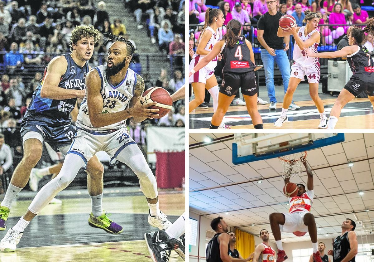 Andre Norris intenta fajarse de Diego Alderete en la ida de la eliminatoria final por el ascenso ante el Hestia Menorca. A la derecha, Lucía Flores controla el balón en un partido del Unibasket y Lawrence Obajo machaca el aro en uno de los partidos de la fase de ascenso en Llucmajor.