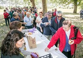Reparto de chorizo, habas, cebolleta, pan y vino.