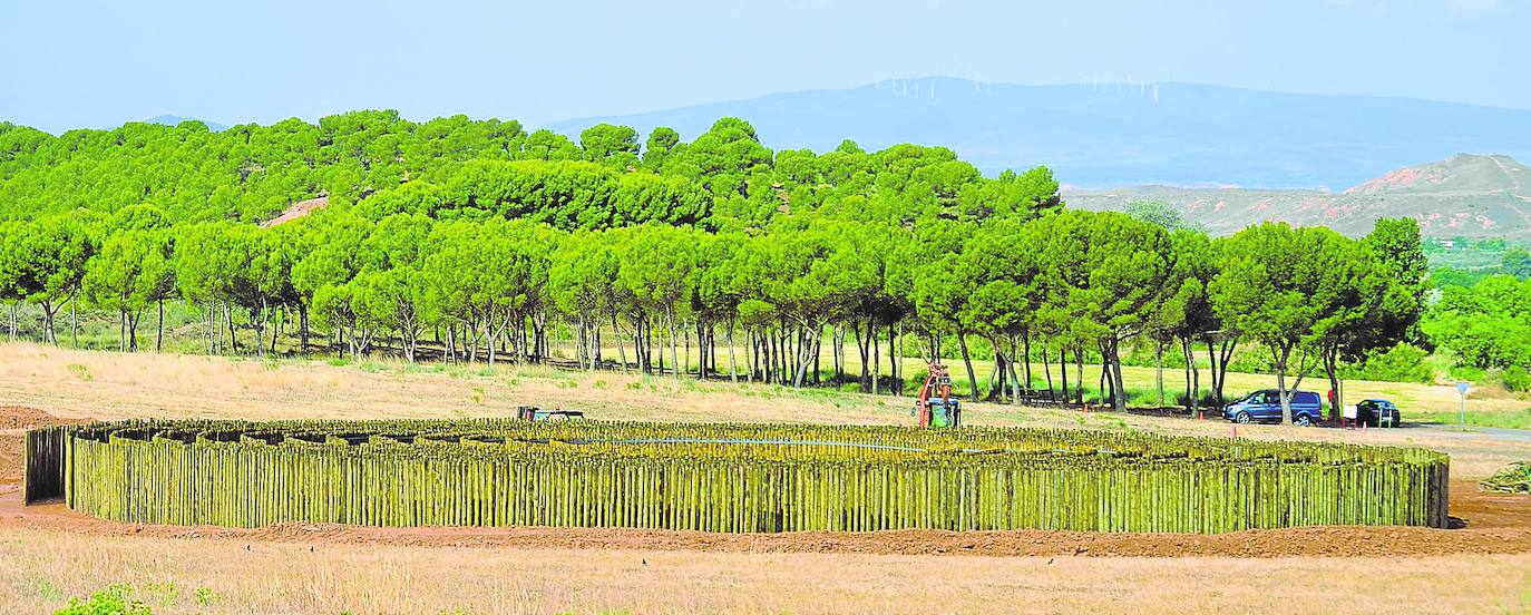 Labores de colocación del laberinto de madera de 40 metros en la nueva zona de esparcimiento del pantano del Perdiguero.