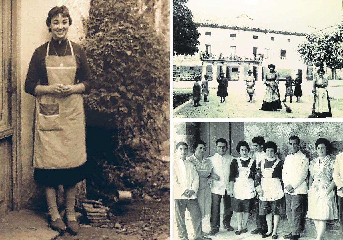 A la izquierda, una jovencísima Marisa Sánchez, en la puerta del Echaurren. Arriba a la derecha, mujeres delante de La Fonda de Echaurren con la fundadora con la escoba, a inicios del siglo XX. Abajo, la familia Paniego con el equipo.