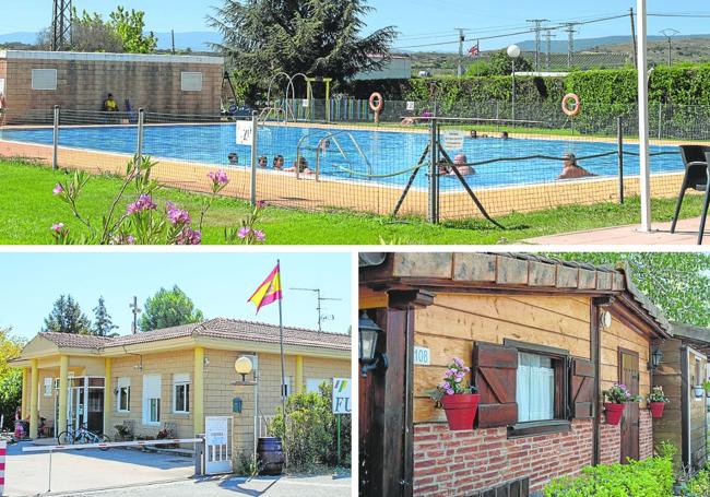 Arriba, campistas en la piscina: abajo, acceso a las instalaciones y una de las casitas.