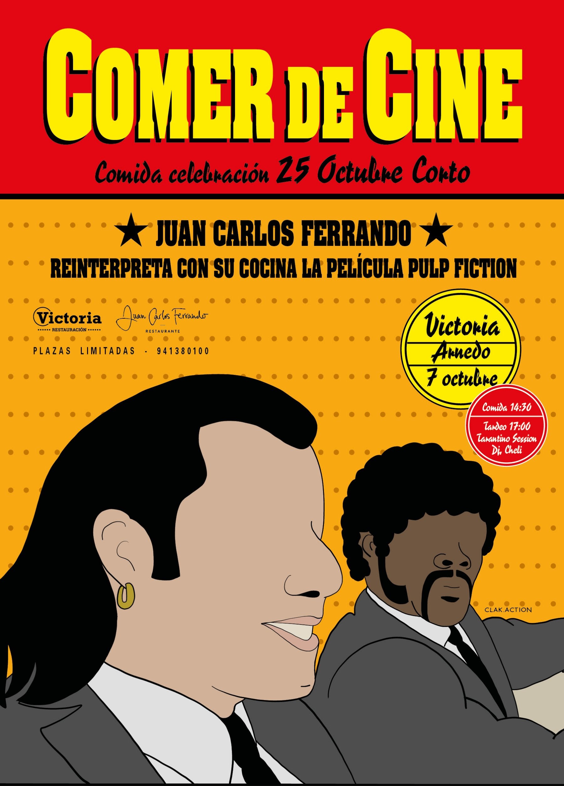 Cartel inspirado en 'Pulp Fiction' y, a la derecha, el chef Juan Carlos Ferrando.