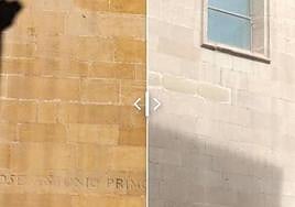 El inicio de las obras de borrado en el muro de la fachada sur, este mismo miércoles.