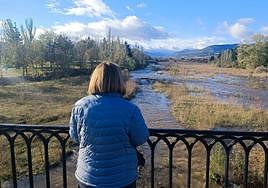 Una calceatense observa desde el puente del Santo el río Oja, cuyo cauce volvió a cargarse de agua tras medio año en secano.