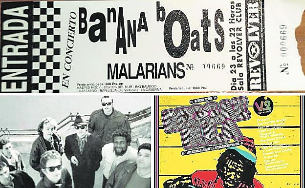 Arriba, entrada de un concierto de Banana Boats en los noventa en Madrid. Abajo, el grupo para 'Latin Ska Fever' y Disco recopilatorio publicado en 2016 que repasa la historia del reggae en España, con un tema de Banana Boats. 
