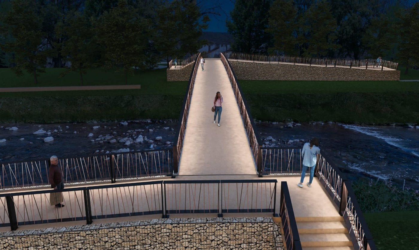 Recreación virtual de la pasarela peatonal sobre el río Iregua. 