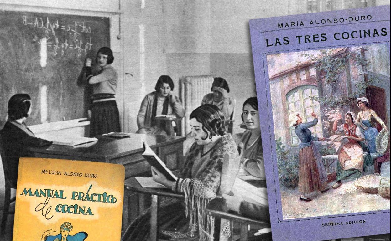 Libros de Alonso-Duro y fotografía de un aula en la Residencia de Señoritas. 