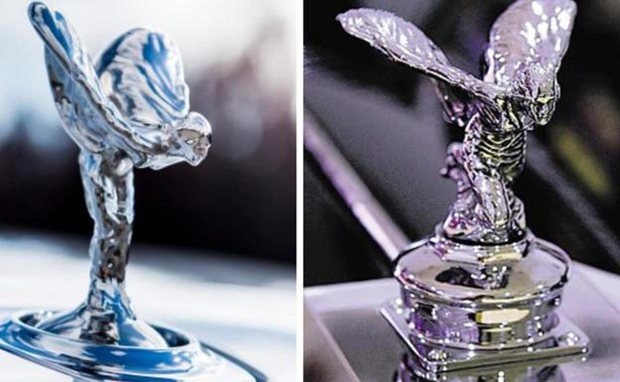 El Espíritu del Éxtasis de Rolls Royce en la versión erguida, de serie, y de rodillas, para la realeza.