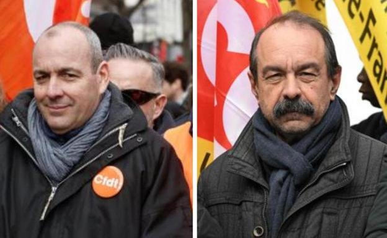 A la izquierda, el líder del sindicato CFDT Laurent Berger, y a la derecha Philippe Martínez, de la CGT.