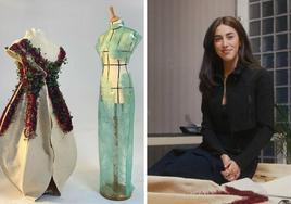 A la izquierda, el abrigo y el vestido que llevó Cristina Pedroche en las campanadas y, a la derecha, su diseñadora, Paula Ulargui.