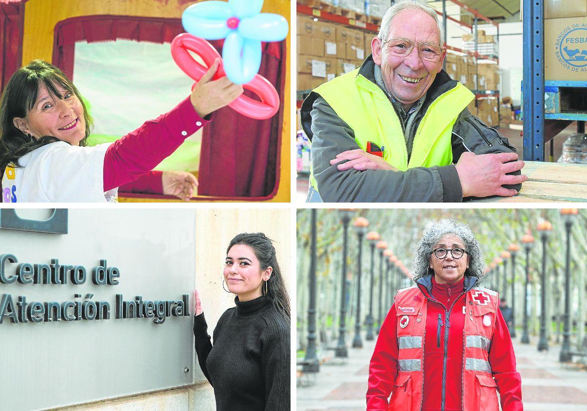 Los voluntarios Elena López (arriba), Leticia Díez (abajo), Ángel Nicolás Rodrigo y Mari Mar García (dcha.).