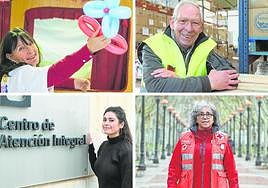 Los voluntarios Elena López (arriba), Leticia Díez (abajo), Ángel Nicolás Rodrigo y Mari Mar García (dcha.).