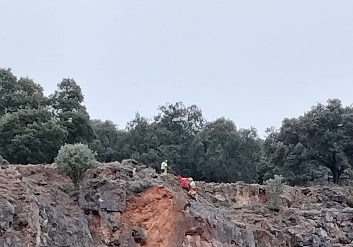 Los bomberos descolgándose para intentar salvar a las cabras.