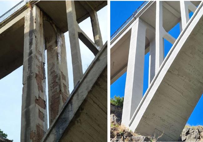 Estructuras dañadas del puente y cómo han quedado tars la rehabilitación.