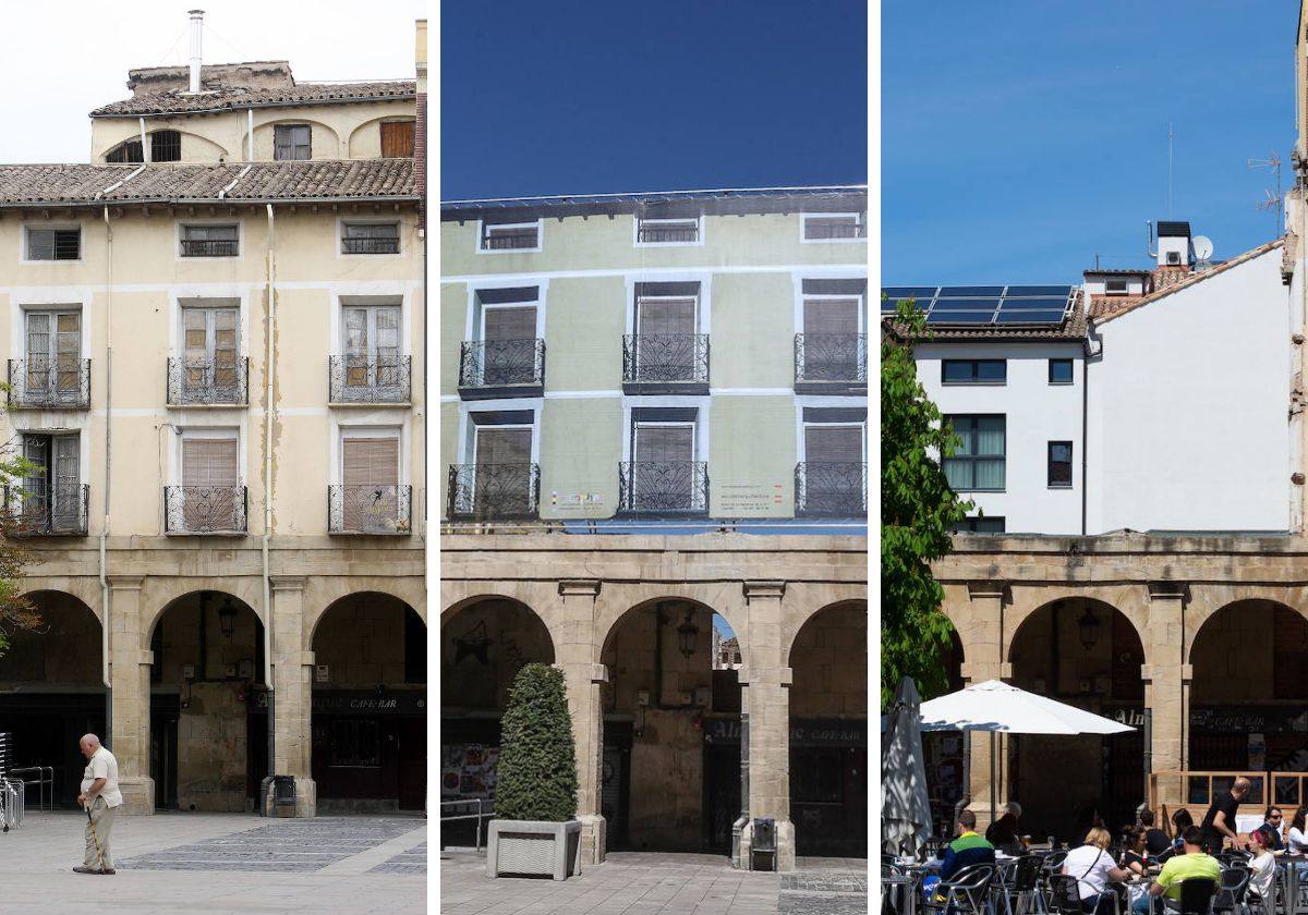 El edificio de la plaza del Mercado 8-9 a la izquierda aún en pie, con la lona y en su estado actual.