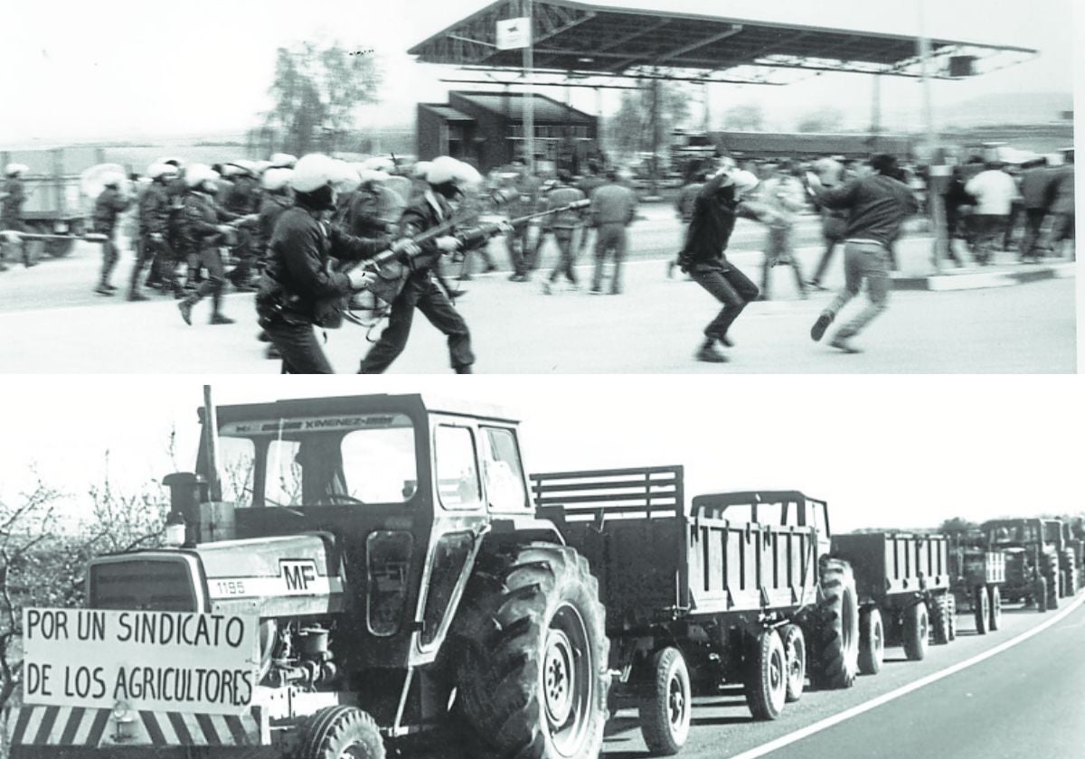 Arriba, 1986. Los agentes contra los agricultores, en la antigua gasolinera de La Grajera. Abajo, 1977. Tractores en el arcén para reclamar un sindicato.