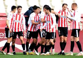 Los futbolistas de la UD Logroñés celebran el gol que marcó Madrazo el domingo en Las Gaunas.