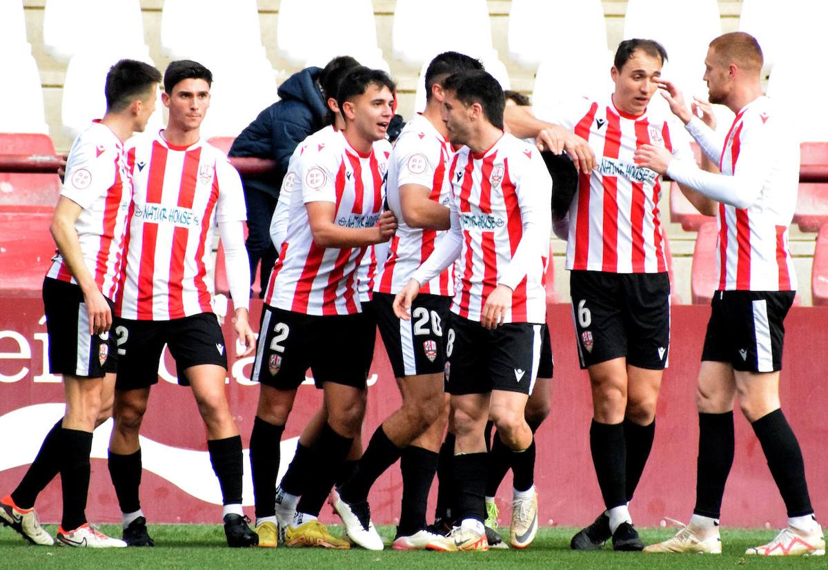 Los futbolistas de la UD Logroñés celebran el gol que marcó Madrazo el domingo en Las Gaunas.